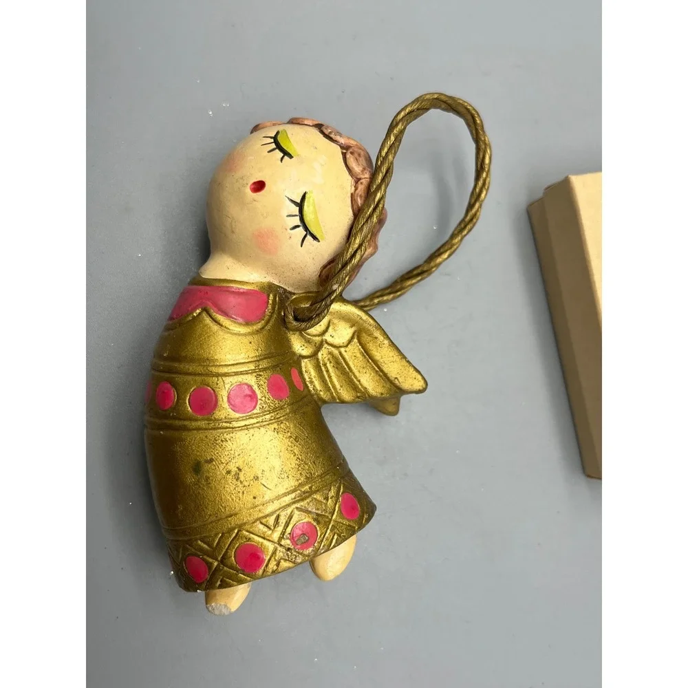 Vintage Mid Century‎ Flying Angel Christmas Ornament Gold Dress an Cord Japan